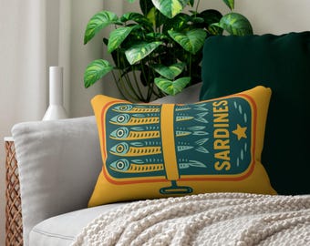 Colorful Sardines Lumbar Pillow, Vintage aesthetic tinned fish throw pillow, maritime living home decor, fisherman core house warming gift