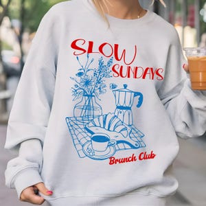 Slow Sundays Coffee Club Sweatshirt | Cozy espresso Crewneck, Gift for Coffee Lover, Relaxed Weekend Vibes, breakfast club shirt, croissant