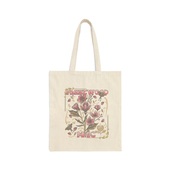 Retro Fleetwood Mac Canvas Tote bag, nostalgic stevie nicks vibes gift, vintage feel rock band lover present, boho floral band tote bag