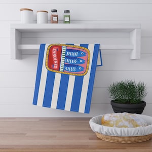 Vibrant Sardine Tea Towels, Nautical Kitchen Decor, tinned fish home accessory, maritime living house warming gift, fisherman core aesthetic