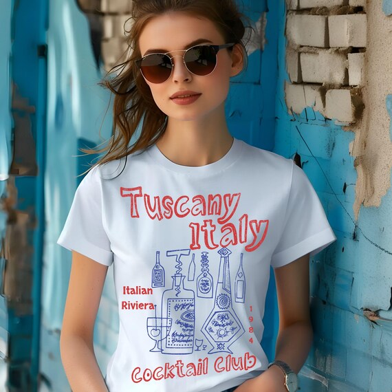 Tuscany Graphic Tee, Vintage Wash Cocktail Club Tshirt, Trendy 