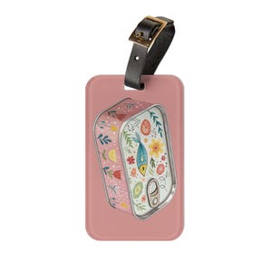 Whimsical sardine Luggage Tag, tinned fish Travel Accessory, fisherman core Personalized Tag for Suitcases, Travelers Vacation gift