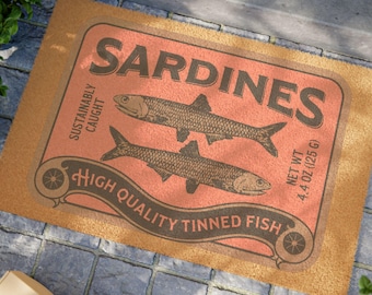 Vintage Sardines Doormat, Retro tinned fish welcome mat, trendy maritime living home decor, fisherman core aesthetic house warming gift