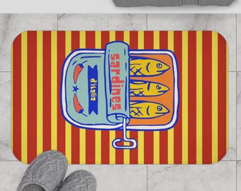 Sardines bath mat, Tinned fish entryway rug, coastal aesthetic home decor, fisherman core bathroom decoration, funky house warming gift