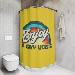 Enjoy My Gay Vibes Shower Curtain, Retro pride Rainbow Bathroom, trendy lesbian house warming gift, LGBTQ home decor, queer friend present image 5