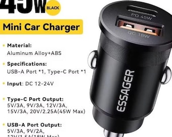 Essager 45 W Chargeur de voiture rapide double port PD QC3.0 Type-C Chargeur rapide