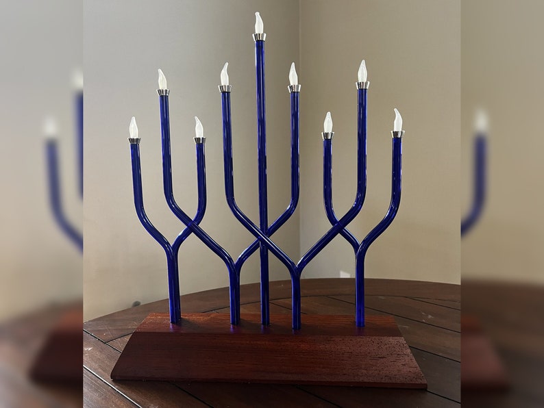 Flickering LED Touch to Light Chanukkiah. Museum Quality Art. Hand Made Blown Glass, Wood & Metal Menorah Hanukkah Hanukkiah Chanukkah Megan image 1