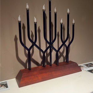 Flickering LED Touch to Light Chanukkiah. Museum Quality Art. Hand Made Blown Glass, Wood & Metal Menorah Hanukkah Hanukkiah Chanukkah Megan image 3