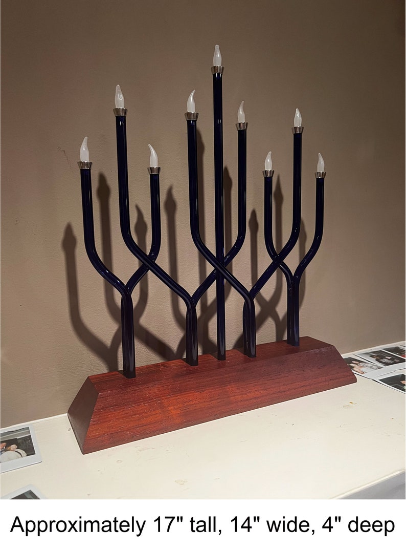 Flickering LED Touch to Light Chanukkiah. Museum Quality Art. Hand Made Blown Glass, Wood & Metal Menorah Hanukkah Hanukkiah Chanukkah Megan image 3