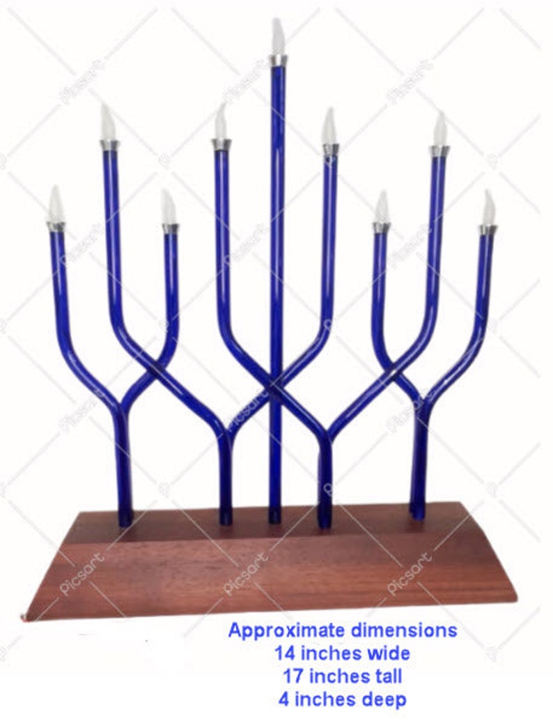 Flickering LED Touch to Light Chanukkiah. Museum Quality Art. Hand Made Blown Glass, Wood & Metal Menorah Hanukkah Hanukkiah Chanukkah Megan image 4