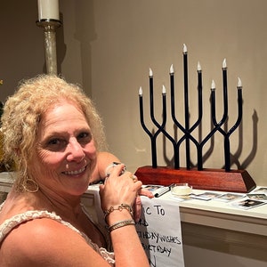 Flickering LED Touch to Light Chanukkiah. Museum Quality Art. Hand Made Blown Glass, Wood & Metal Menorah Hanukkah Hanukkiah Chanukkah Megan image 2