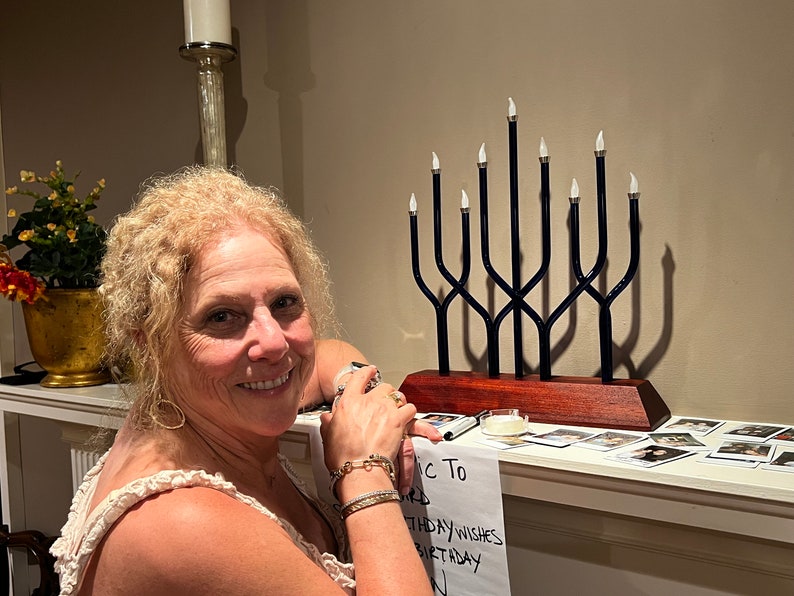 Flickering LED Touch to Light Chanukkiah. Museum Quality Art. Hand Made Blown Glass, Wood & Metal Menorah Hanukkah Hanukkiah Chanukkah Megan image 2