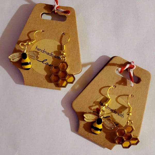 Earrings, dangle earrings, bee, honeycomb, jewelry, gift, birthday, summer, beekeeper, handmade