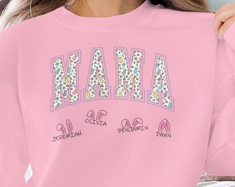 Personalized Mama Sweatshirt With Kid Names Custom Name Sweater For Mom Sweater Gift For Mum Easter Shirt Cute Bunny Ears Shirt Easter Gift