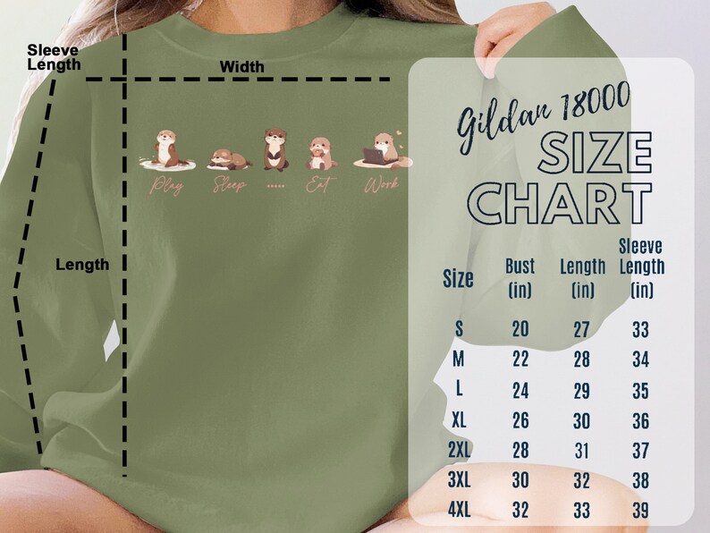 Pode incluir: Tabela de tamanhos Gildan 18000 para sweatshirts. A tabela mostra os tamanhos S a 4XL com medidas em polegadas para o peito, o comprimento e o comprimento da manga.