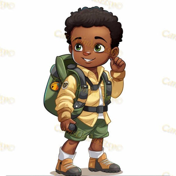 Black Boy Explorer Scout Hike Green Eye- Clip Art - Cartoon Dora - Dynamic colors - Vector - PNG - Digital Art - POD projects - DIY
