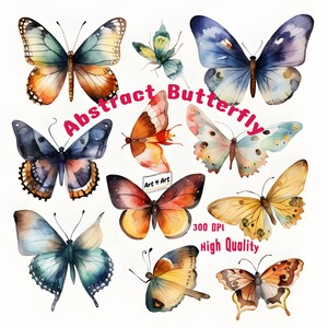 Abstrato de borboleta, cores brilhantes, 11 arquivos PNG separados, clipart em aquarela de alta qualidade de 300 DPI, download instantâneo, uso pessoal/comercial