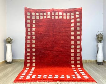 Handmade Moroccan Red Wool Rug: Beni Ourain Berber Style