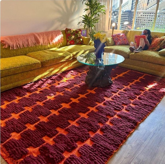 Handmade Beni Ourain Wool Rug: Burgundy & Orange Geometric Carpet
