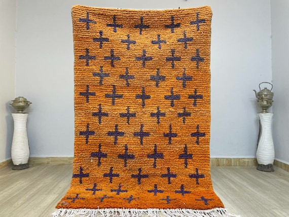 PRETTY ORANGE RUG For Your Living Room, Moroccan Handmade Rug From Wool of Sheep, Abstract Rug Inspired From Nomadic Berber Long History