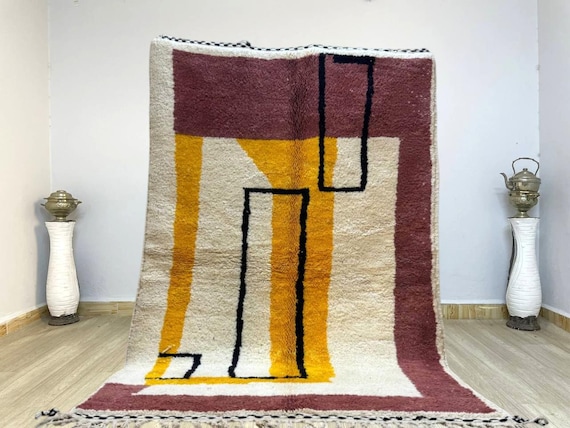 Handmade Brown Beni rug - Handmade Wool Rug - Moroccan rug - Beni ourain rug - Abstract Wool rug - blue rug - moroccan mustard rug