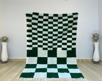 Handmade Green Checkered Moroccan Rug: Berber Wool Area Rug