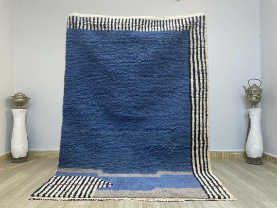 Moroccan Rug Blue Coastal rug, Berber Beni Ourain Striped custom Rug, Authentic Morocco Area Carpet, Wool Handmade Morrocan Striped Rug