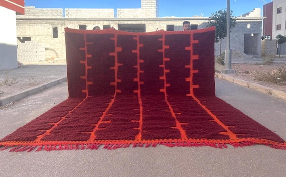 Orange Beni Ourain Wool Carpet Abstract Moroccan Rug – Handmade Boho Berber Tapestry – Modern Tribal Floor Decor