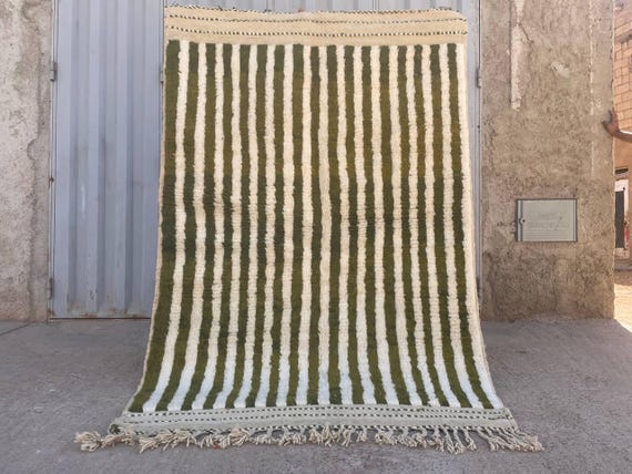 Handmade Olive Green Moroccan Wool Rug: High Pile Mrirt Carpet