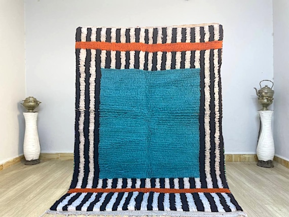 CUSTOM BENIOURAIN CARPET, Moroccan Handmade Rug, Royal Blue And White Rug, Abstract Rug,Handmade Wool Carpet,Azilal Berber Rug,Handwoven Rug