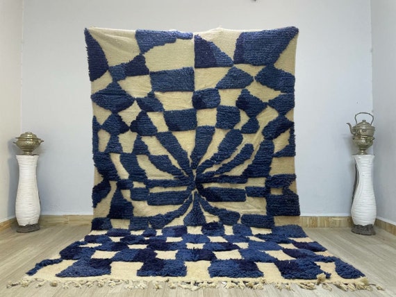 Authentic Moroccan Rug, Custom Rugs, Area rugs, Rugs for bedroom, Checkered Rug, Berber Blue Checker Rug, Cozy Living Room Carpet