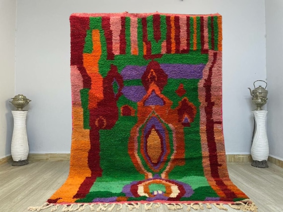 Bohemian tribal orange rug - Aesthetic unique huge green rug - Boujaad handcraft orange rug - Handmade shaggy rug - Tribal teppish marokko