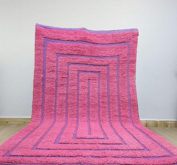 Sodalite Pink Moroccan Rug, Bold Abstract Wool Carpet, Handmade Berber Rug for Living Room, Modern Boho Statement Decor, Luxury Wool Artwork