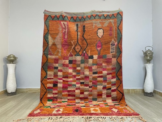AMAZING MOROCCAN ORANGE Checkered Rug - Handmade Morrocan Rug, Authentic Berber Rug, Bohemian Style Rug For Living Room .
