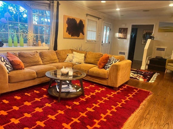 Unique Moroccan Orange Rug 8x10 - Handmade Morrocan Rug, Authentic Berber Rug, Bohemian Style Rug For Living Room, chekerboard rug - teppich