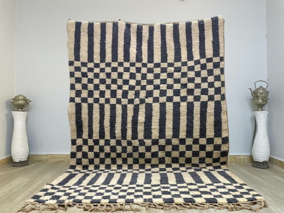 Large white and black checkered rug, Moroccan Berber checkered rug, Checkered area rug-Checkerboard Rug beniourain rug, Soft black white Rug