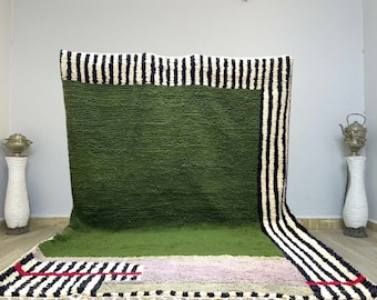 Handmade Green Beni Ourain Rug: Moroccan Checkered Wool Rug
