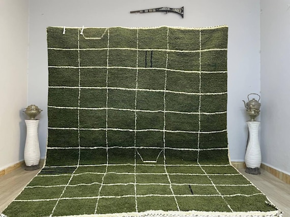 Olive Green Moroccan Rug Grid, Berber Rug Green, Wool Beni Ourain Carpet, Handmade Rug For Bedroom, Bohemian Rug For Living Room, Custom Rug