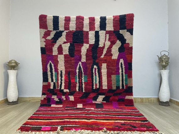 Gorgeous Beni Ourain Rug-Red And Beige Rug, Green Carpet Handmade Berber Rug , Bohemian Style-Custom Green Rug for Living Room .