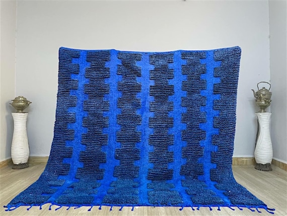 Moroccan rug Blue - Bold Blue Moroccan Wool Rug 8x10 – Handmade Shag Abstract Carpet for Modern Living Room 8x10, Moroccan berber rug