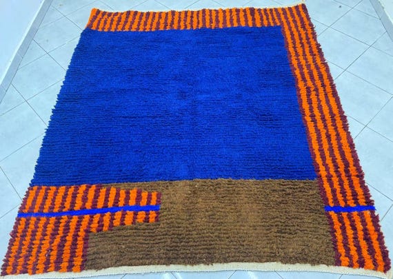 Steel Blue BENI OURAIN RUG, Custom Handwoven Moroccan rug, Handmade Striped Berber rug, Custom Fabulous Boujad Rug, Handmade Morrocan Rug