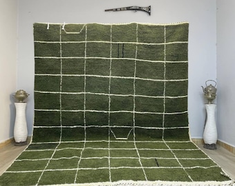 Alfombra bereber verde anudada a mano: alfombra marroquí de lana con diseño de damero