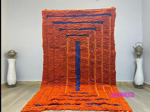 AMAZING ORANGE MOROCCAN Rug - Handmade Morrocan Rug , Authentic Berber Rug, Bohemian Style Rug For Living Room .
