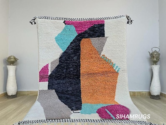 Moroccan Beni Ourain Rug Handmade For Living Room, AMAZING ORANGE MOROCCAN Rug, Morrocan Authentic Berber Rug, Bohemian Style, Wool area rug