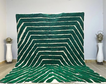 Handmade Moroccan Wool Rug 8x10: Green Striped Beni Ourain Design