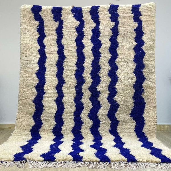 Tapis bleu fait main, tapis marocain personnalisé, tapis berbère, tapis Beni Ourain, tapis marocain, tapis blanc, tapis bleu et blanc, Teppich