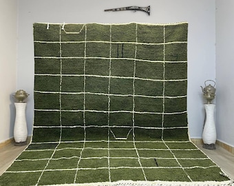 Alfombra marroquí verde oliva: alfombra bereber de lana anudada a mano con cuadrícula