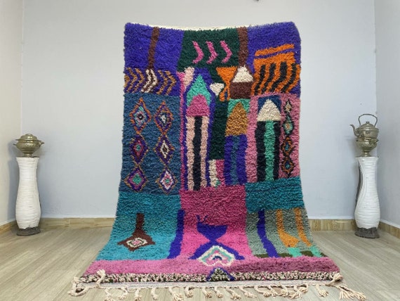 Purple Fur Rug – Large Shaggy Wool Area Rug – Moroccan Accent Rug for Living Room – Bedroom & Dining  - Moroccan berber rug
