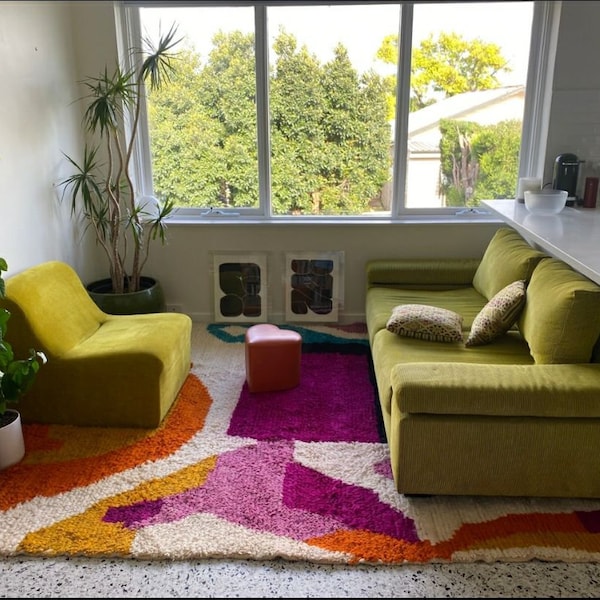 Magnifiques tapis Beni Ourain personnalisés de salon - Tapis berbère orange - Incroyable tapis multicolore-Tapis fait main en laine-Tapis berbère-Tapis en laine véritable.