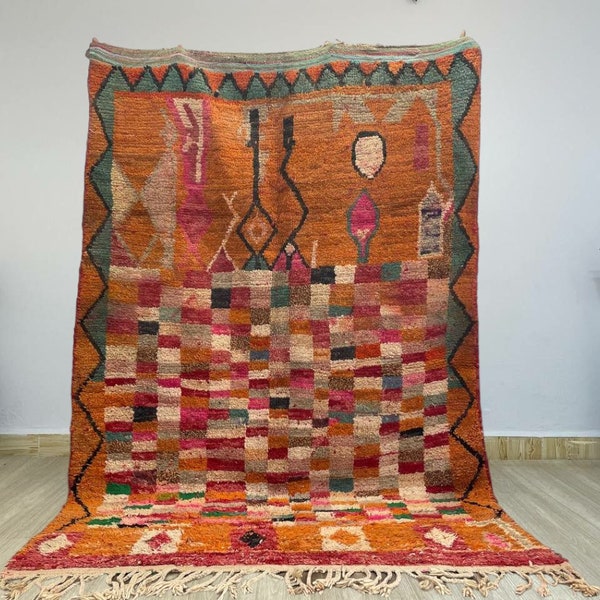Handmade Moroccan Wool Rug: Orange Checkered Berber Rug
